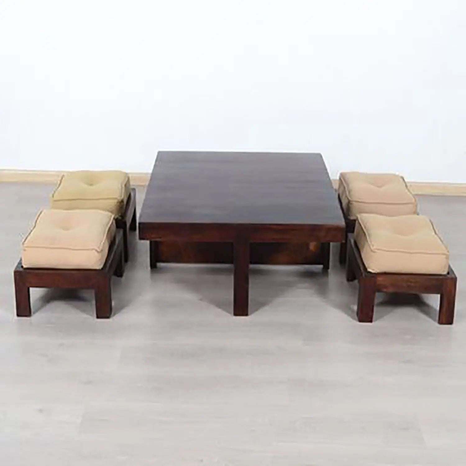Sheesham Wood Quatro vingal coffee table with Four cushion stool. 