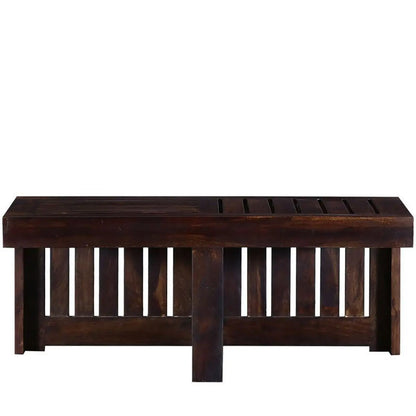 Wooden Rectangle shilbyra coffee table with two cushioned stools. 