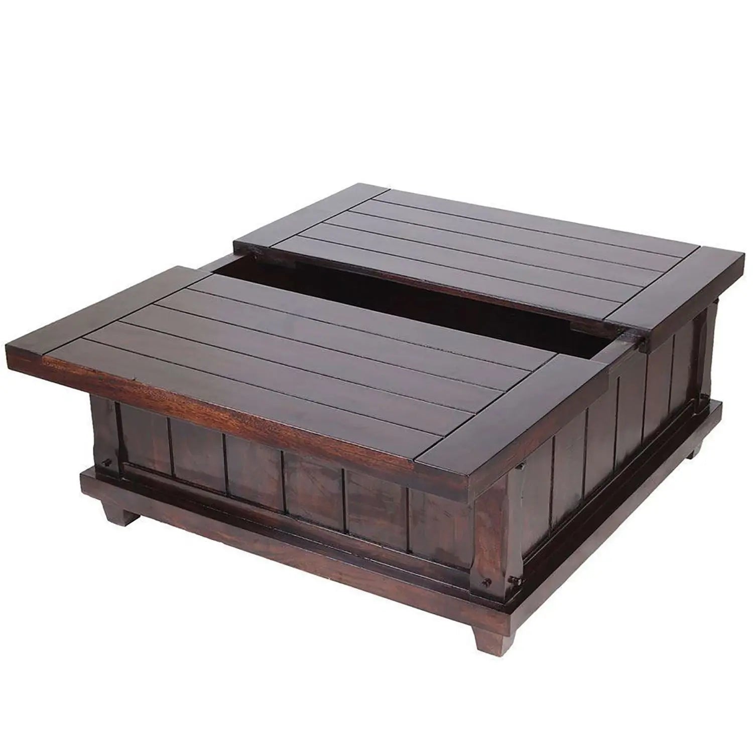Wooden coffee table with storage compartments.