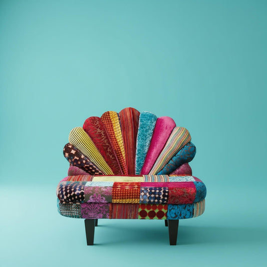 A colorful, patchwork fabric covered Peacock Sofa with a unique peacock wing styled backrest.