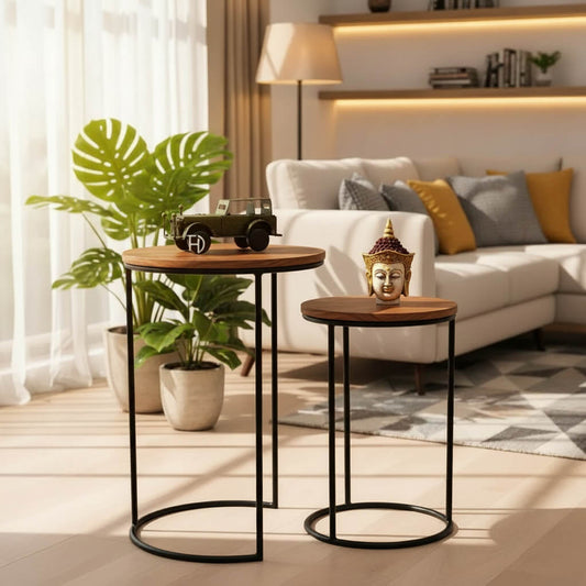 Round Top Tom & Jerry Stool Set Made in Solid Wood and Metal Frame. 