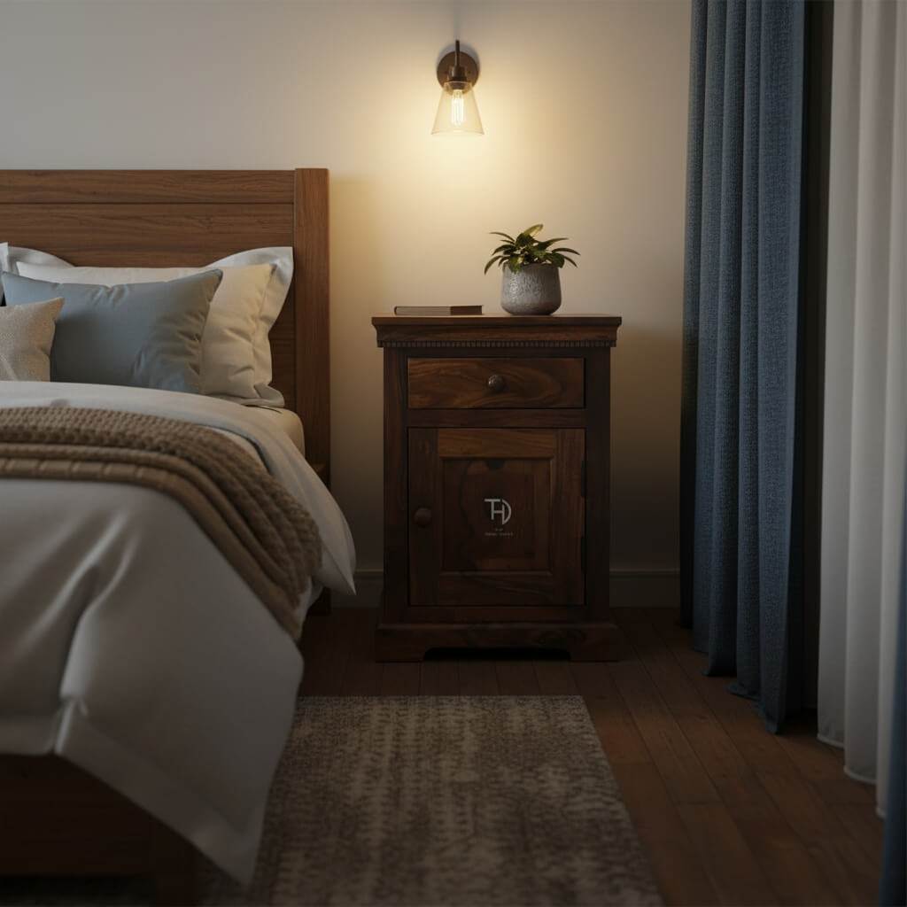 A brown Sheesham wood vintage bedside table with one drawer and one door, featuring simplistic design.
