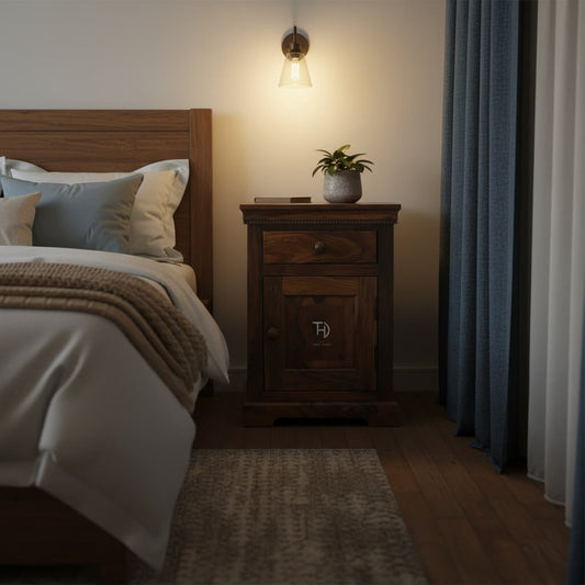 A brown Sheesham wood vintage bedside table with one drawer and one door, featuring simplistic design.