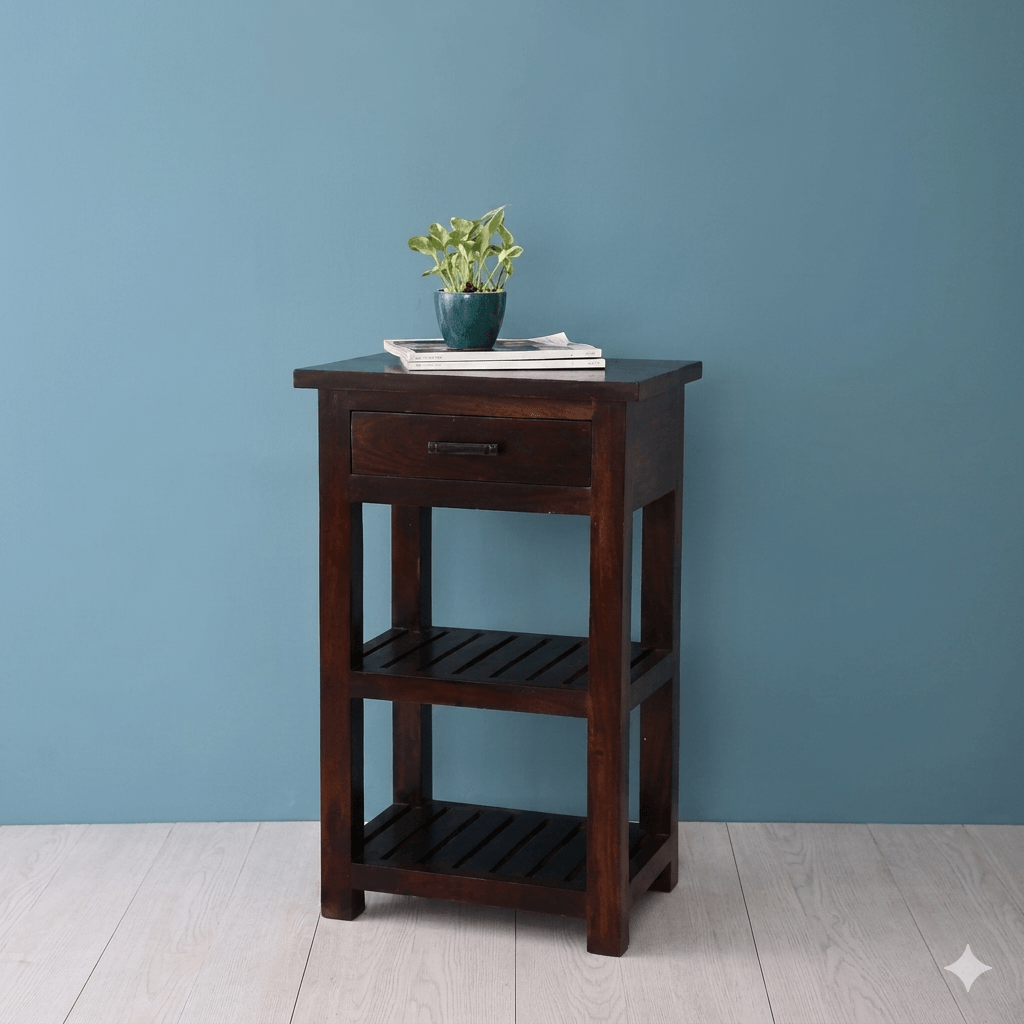 One Drawer and Two Shelf High Shedo Side Table Made in Solid Sheesham Wood.