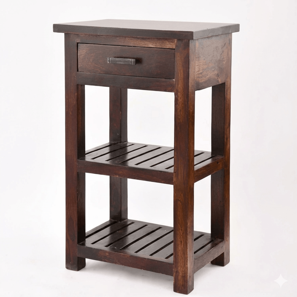 Solid Wood One Drawer and Two Shelf High Shedo Side Table. 