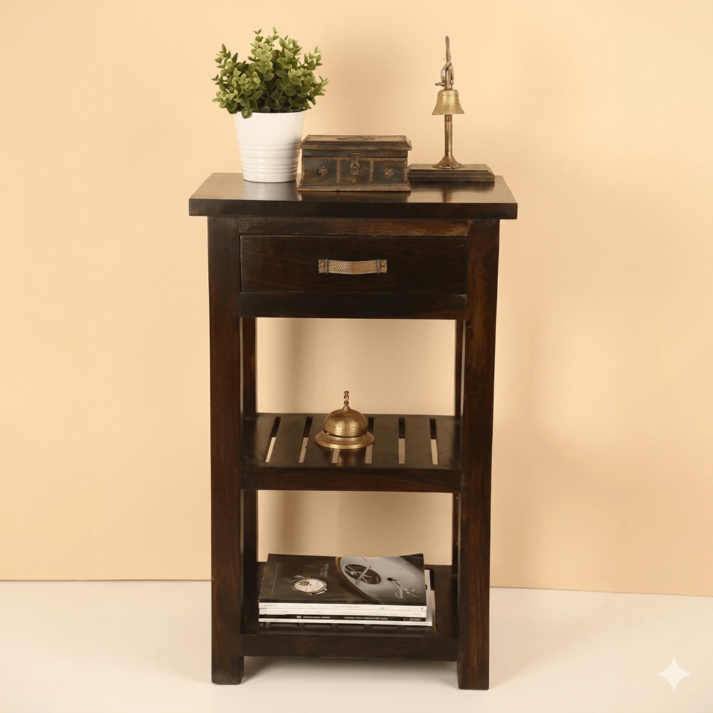 Sheesham Wood One Drawer and Two Shelf High Shedo Side Table. 