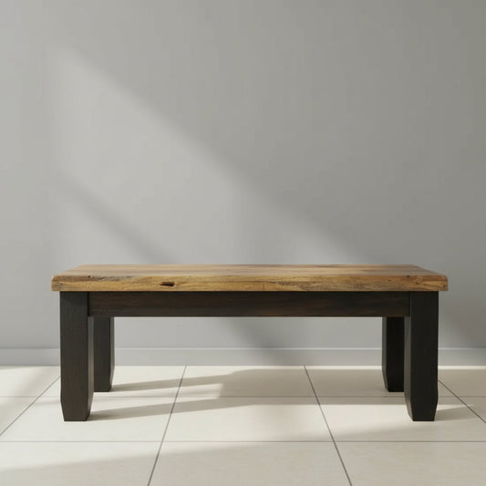 A two-seater dining bench made of mango wood with a two-tone finish.