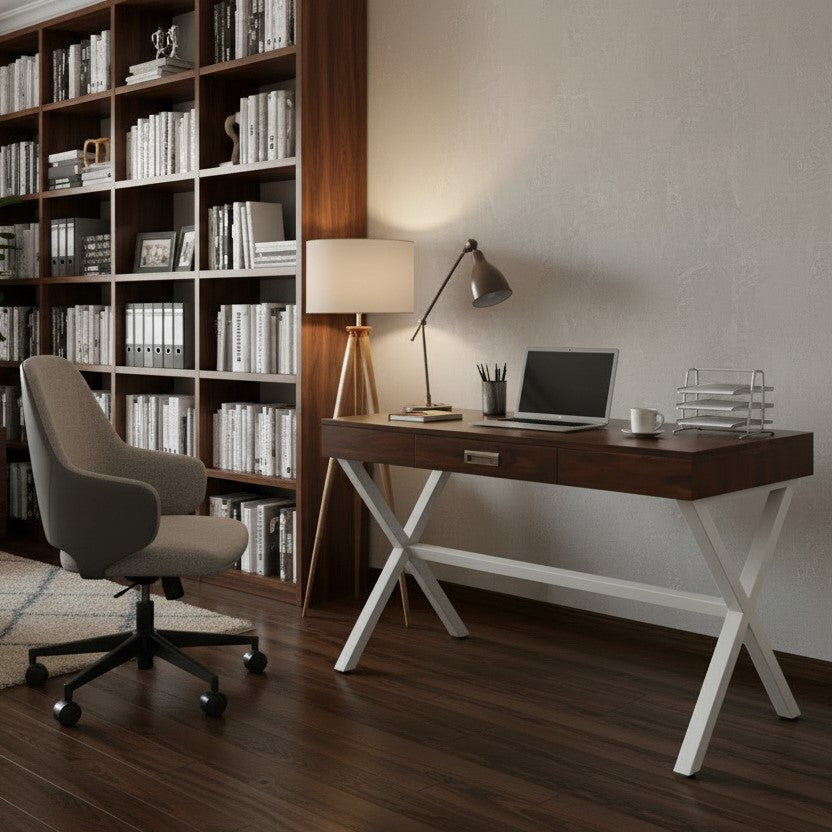 Solid Sheesham Wood and Metal Frame One Drawer Xtriva Study Desk. 