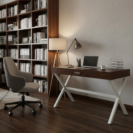 Solid Sheesham Wood and Metal Frame One Drawer Xtriva Study Desk. 