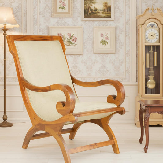 A Rambo Relax Chair with honey finish and cream jute fabric upholstery, handcrafted from Sheesham wood.