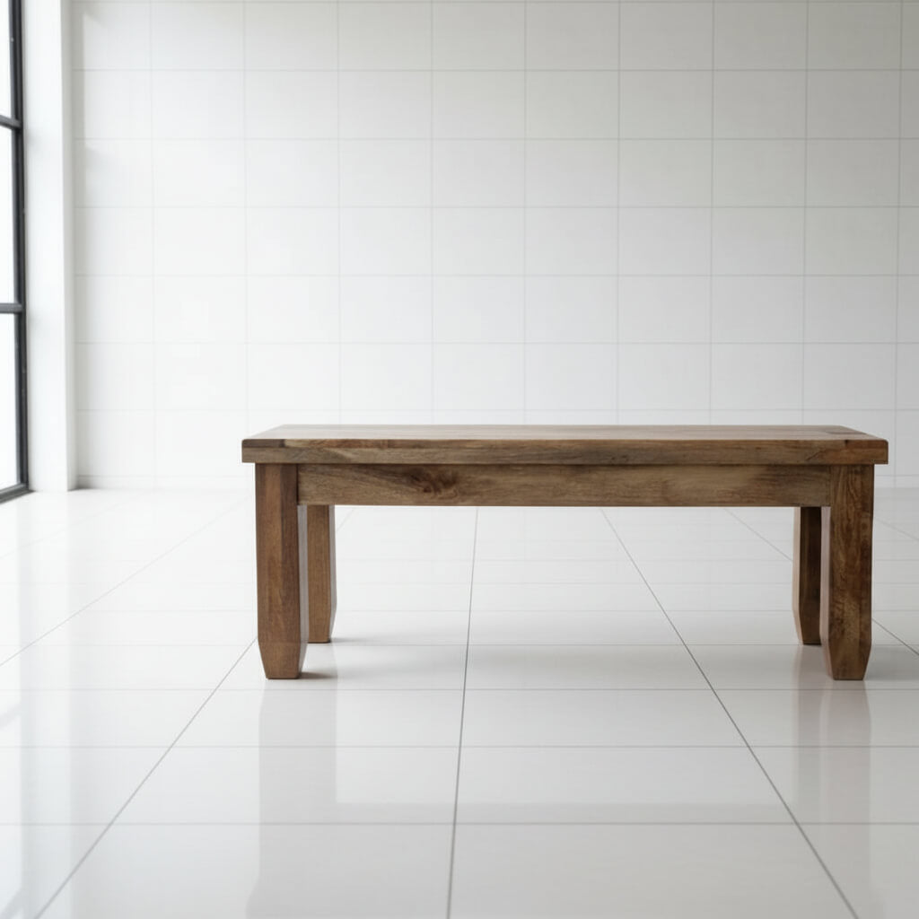 A three-seater dining bench made from mango wood, Modern and straight line design.