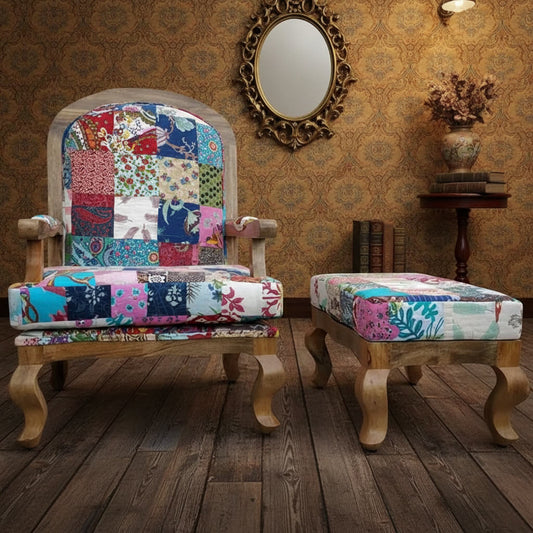 An assorted patchwork chair with a stool, featuring a patchwork fabric upholstery with multicolored patch designs.