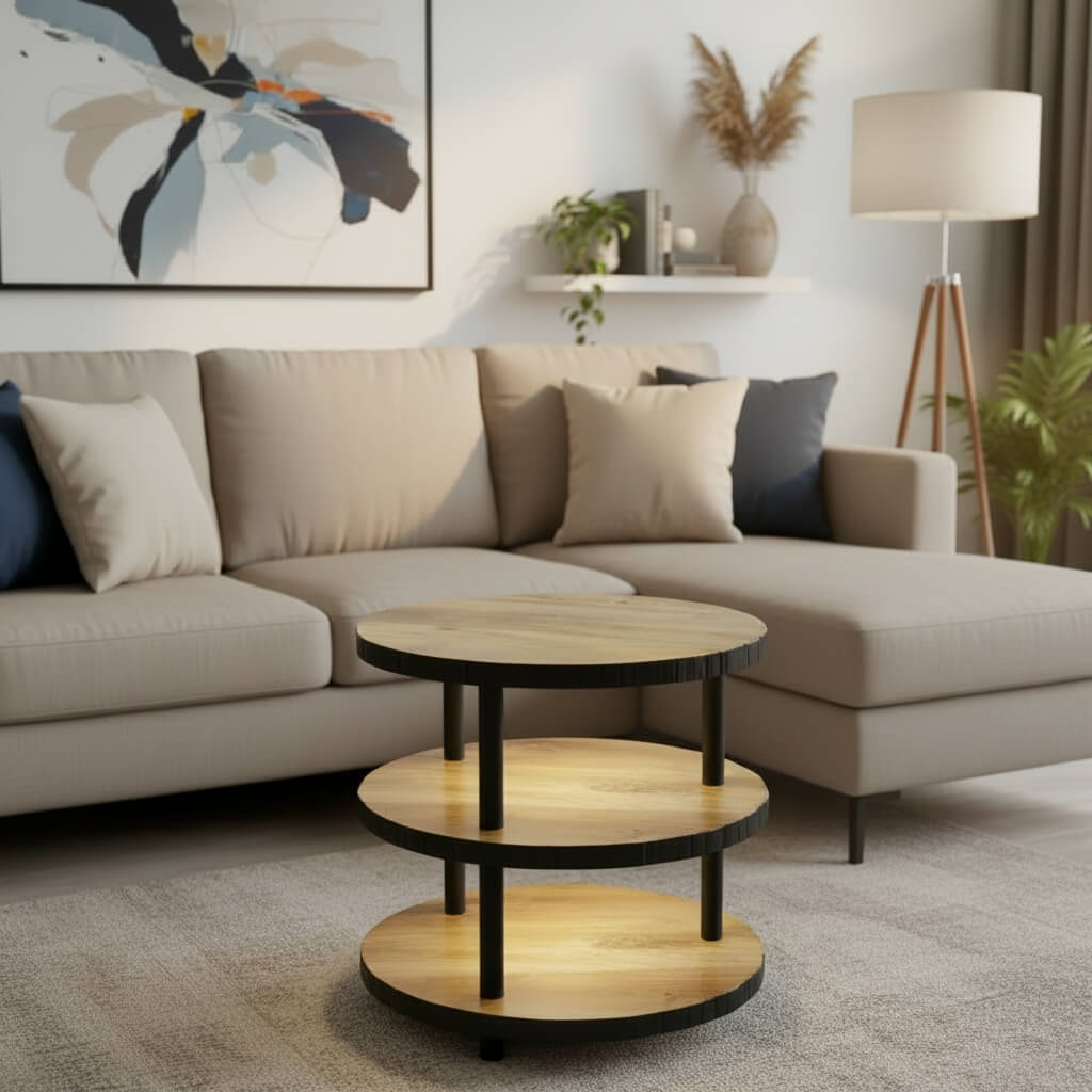 Distressed edges Lamp Table Made in Solid Mango Wood and Metal Legs.