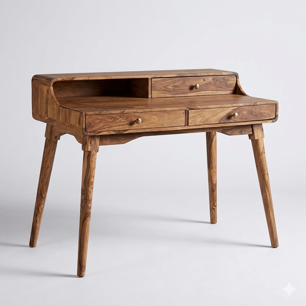 Three Drawer One Shelf Turner Desk Made in Solid Sheesham Wood. 