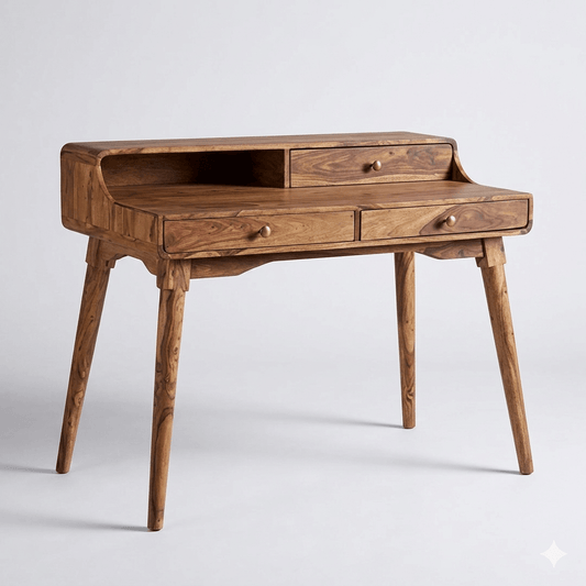 Three Drawer One Shelf Turner Desk Made in Solid Sheesham Wood. 