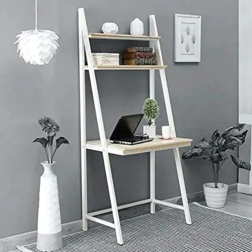 Solid Wood and Metal Frame Ladder Study Table White. Two Open Shelf for Keeps Books and Laptop. 