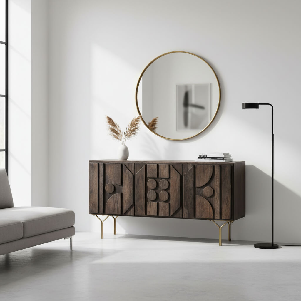A sideboard with gold-colored legs and geometric patterns on the front, featuring a combination of wood and metal materials.