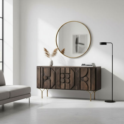 A sideboard with gold-colored legs and geometric patterns on the front, featuring a combination of wood and metal materials.