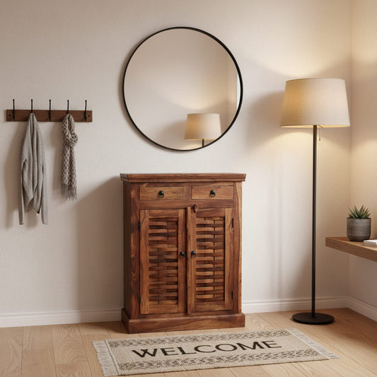 A wooden shoe rack with multiple shelves and closed doors, finished in natural wood  color, with a metal handle.