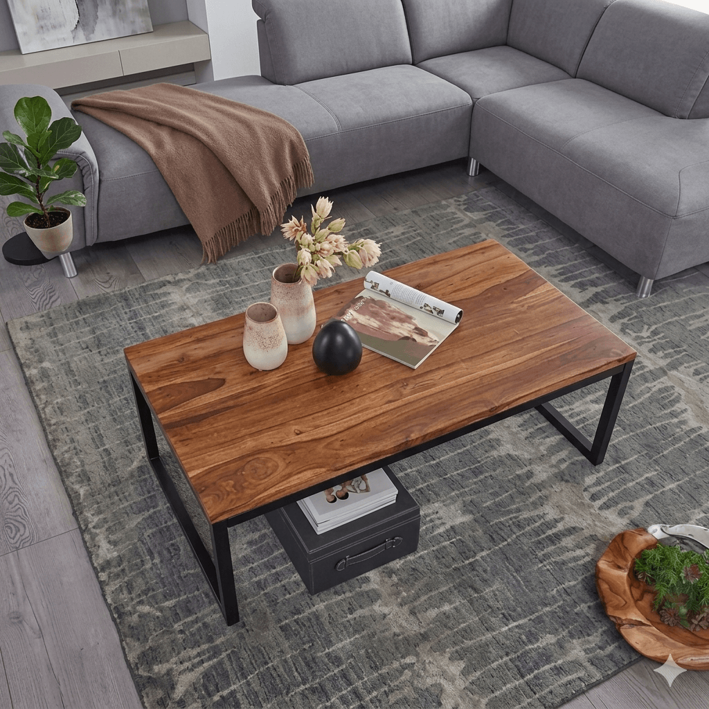 Sheesham wood and Metal frame modern design rectangular Marshal coffee table. 