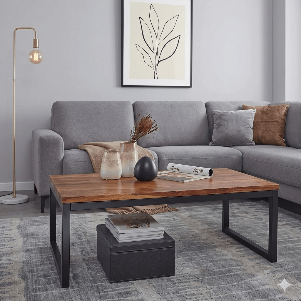 Solid wood and Metal frame modern design rectangular Marshal coffee table. 
