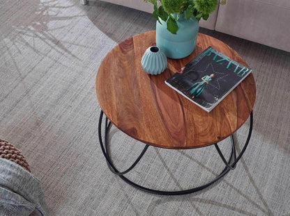 Solid wood Round shape Ring coffee table with a black metal base. 
