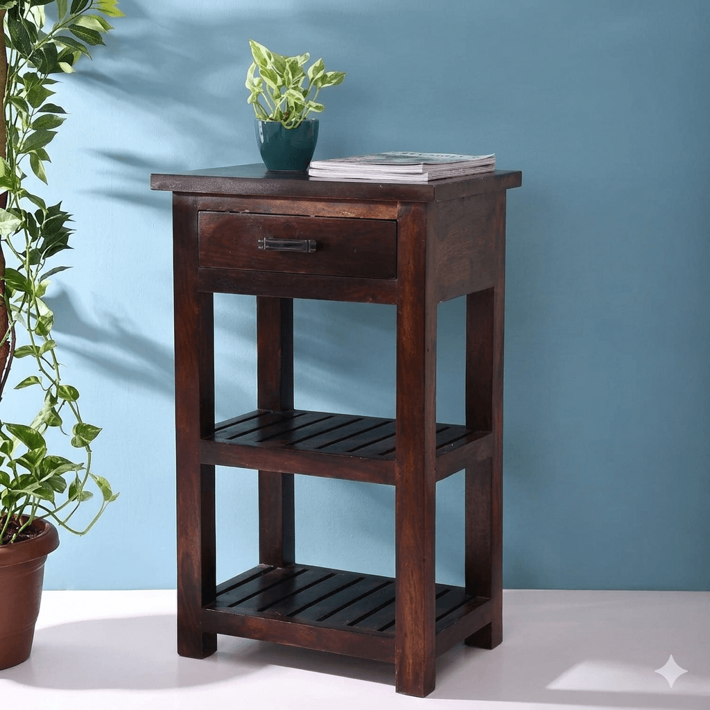 One Drawer and Two Shelf High Shedo Side Table.