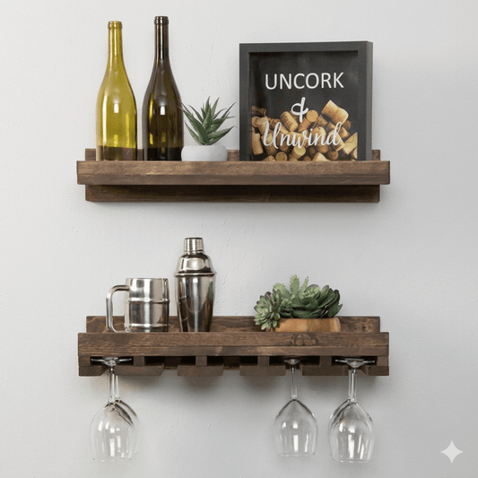 Solid Wood Glass Hanger and Bottle Rack Rustic Wall Mount Bar. 