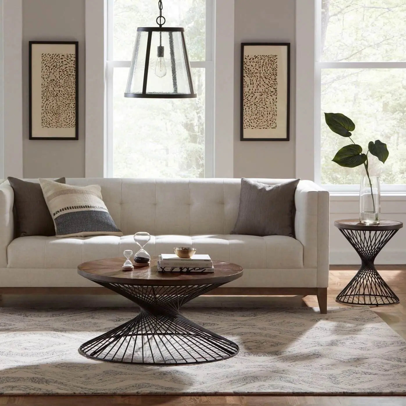 Solid wood and black Metal spiral base Round Sprial coffee table. 