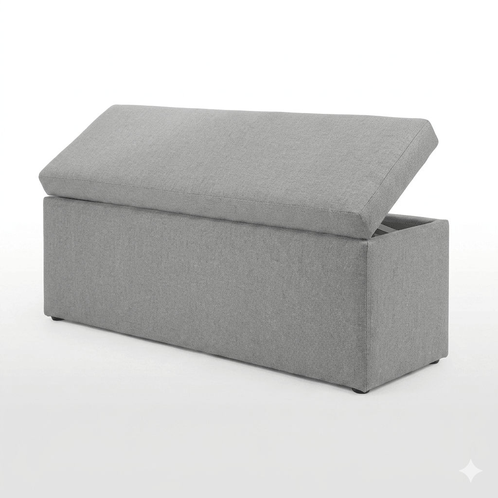 Gray upholstered storage bench