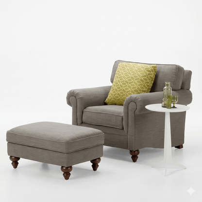 A brown Della Storage Footstool with turned-round legs, placed in front of an armchair.