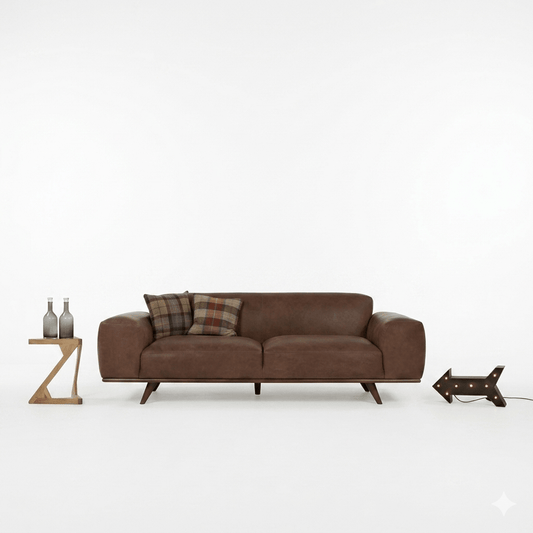 A brown Hopton sofa with a leatherette finish on a Sheesham wood structure, featuring a three-seater design.