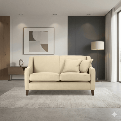 A beige two-seater sofa made with a sturdy Sheesham wood structure, featuring a fabric upholstery, two cushions, and wooden legs.