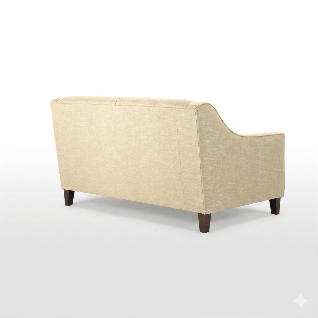 Two-seater sofa featuring a fabric upholstery, two cushions, and wooden legs.