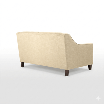 Two-seater sofa featuring a fabric upholstery, two cushions, and wooden legs.