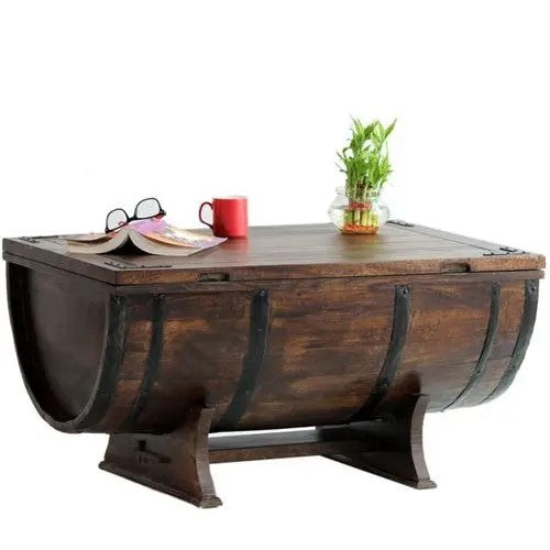 Solid wood barrel shaped coffee table Walnut with metal strips on the sides.