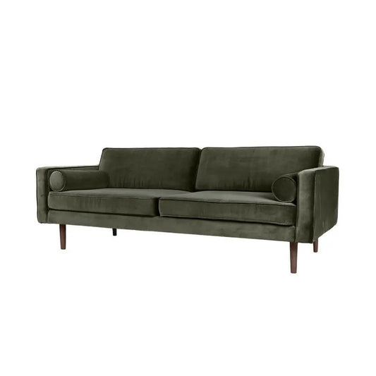 Wooden three seater Green sofa with Natural round legs.
