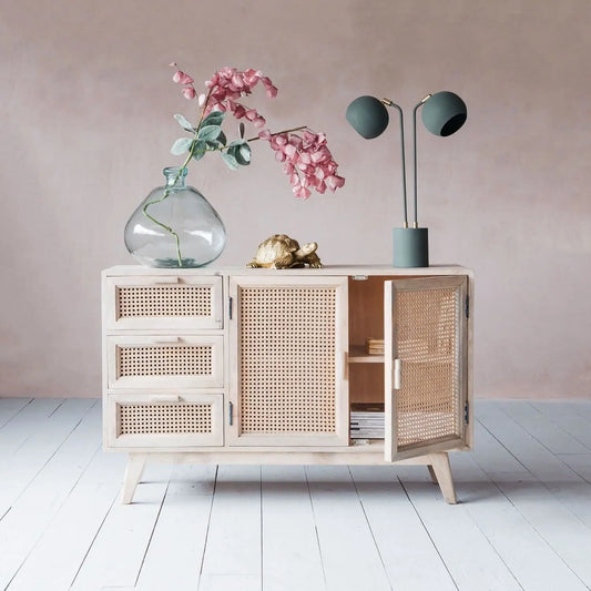 Wooden cabinet with Two rattan doors and Three rattan drawers Atlanta crockery sideboard. 