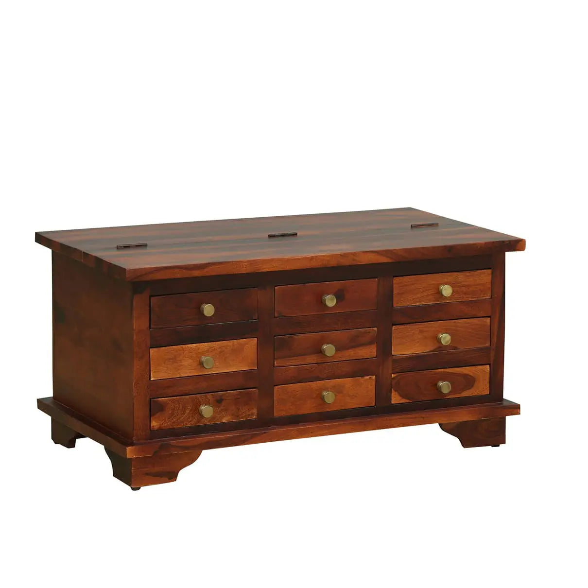 Solid sheesham wood nine drawer and one half open door storage Nona dune coffee table. 