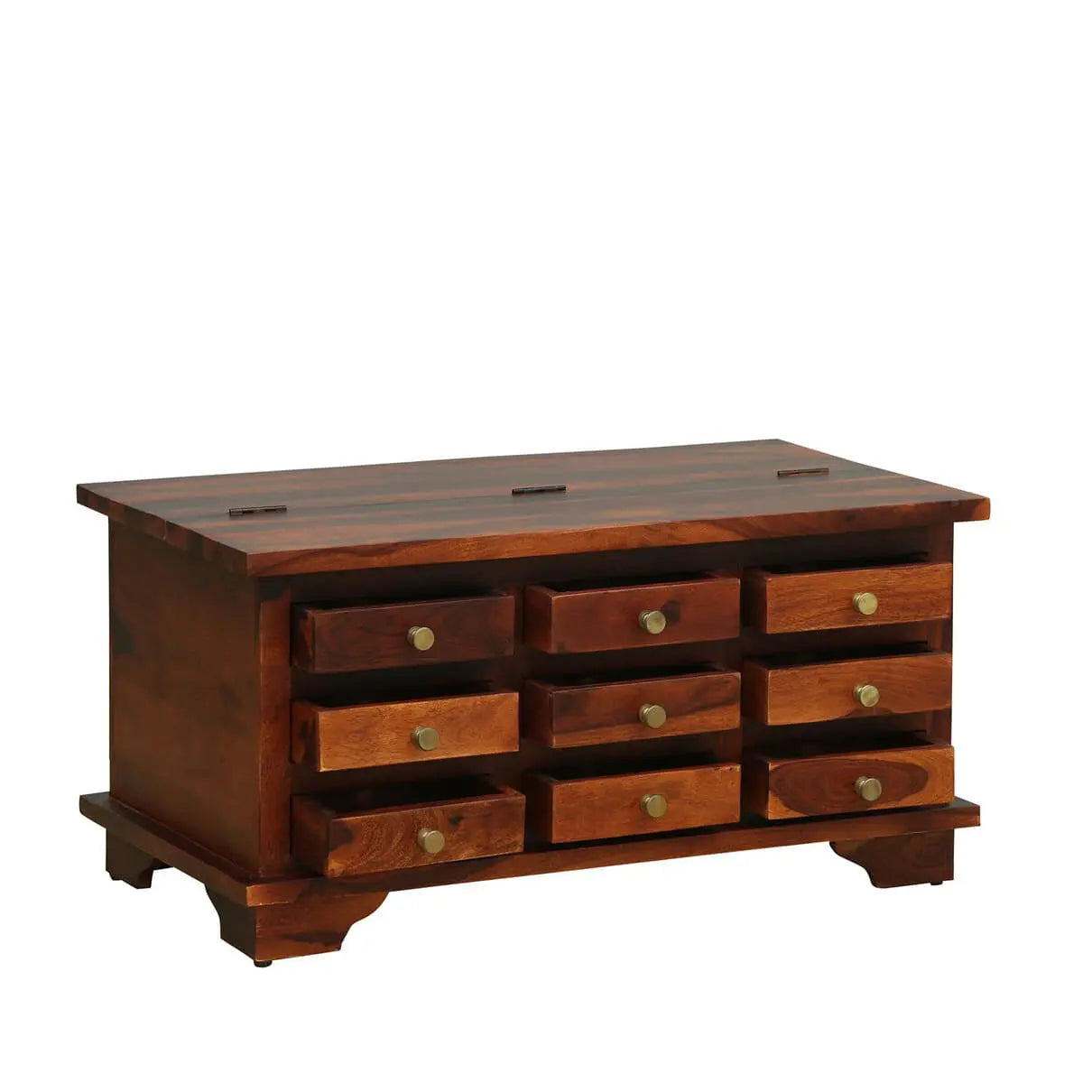 A rectangular shaped Nine drawer and one half open door storage Nona dune coffee table made in solid sheesham wood.  