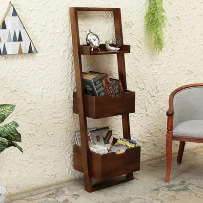 Three Pocket Shelf Brown Wizard Kidora Bookcase Made in Solid Mango Wood. 