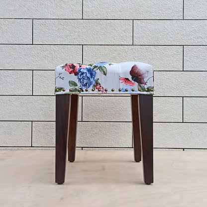 Solid wood Small Abbey stool blue with floral cushion.