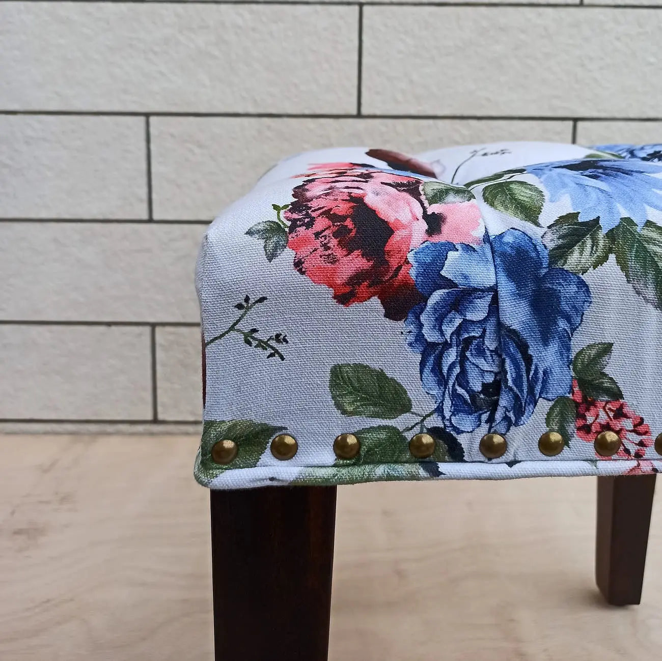Solid wood Floral-patterned Small Abbey stool blue with decorative Nails.