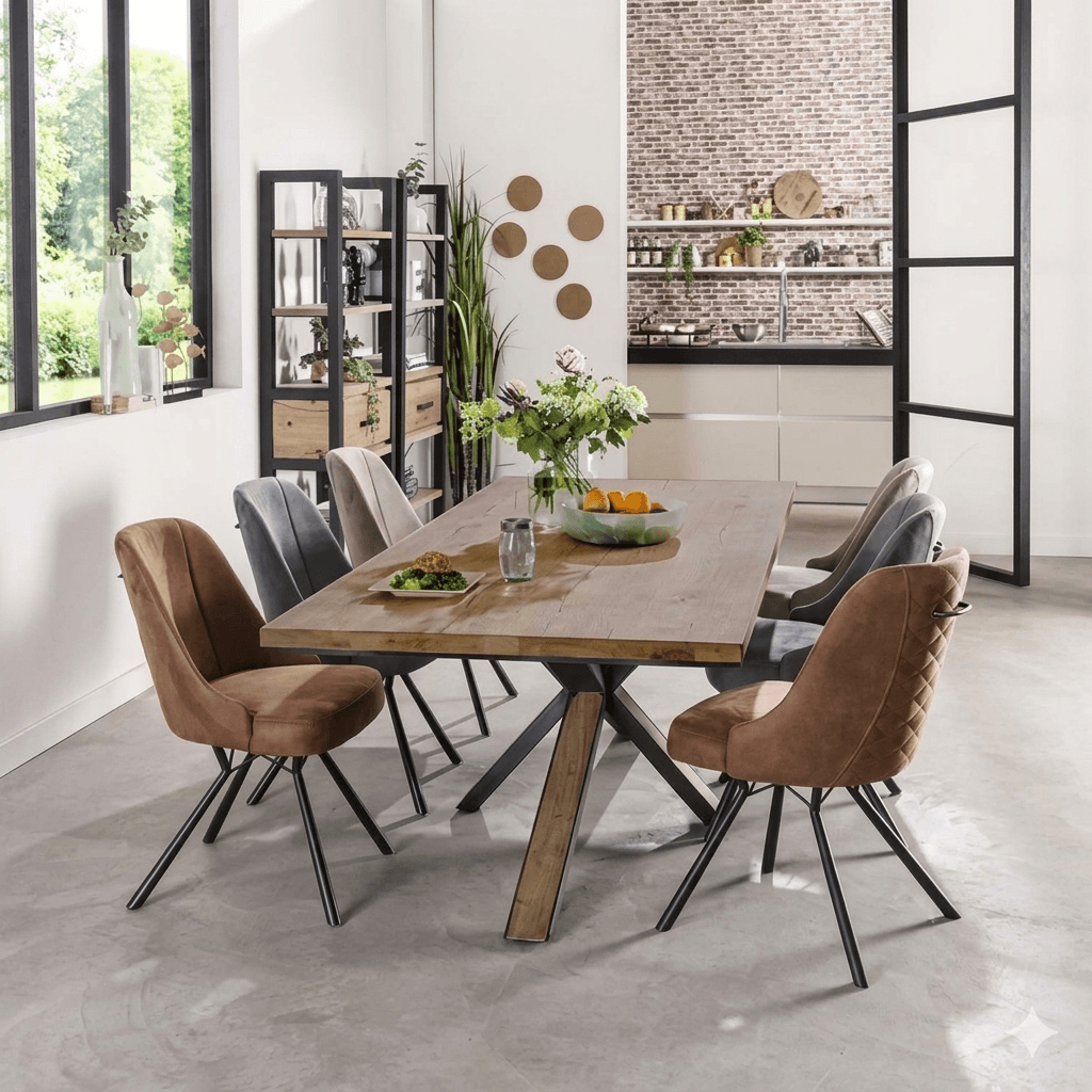 A modern farmhouse-style dining table made of wood with a metal base.