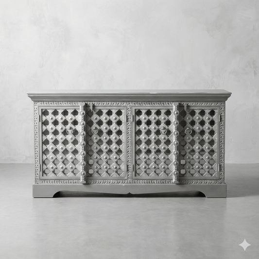 Solid Mango Wood Four Doors Artistic Sideboard. This Sideboard Hand Crafted doors and Front Panel Looks So Antique. 
