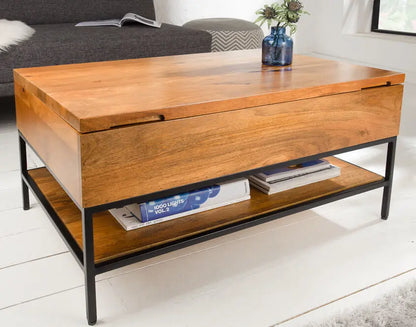 Solid wood Ama lift on coffee table with a storage compartment in a living room setting. 