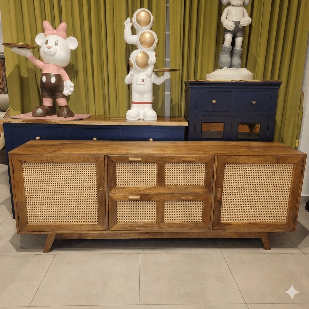 Solid Mango Wood Two rattan door and Two rattan drawer Atlanta Sideboard.
