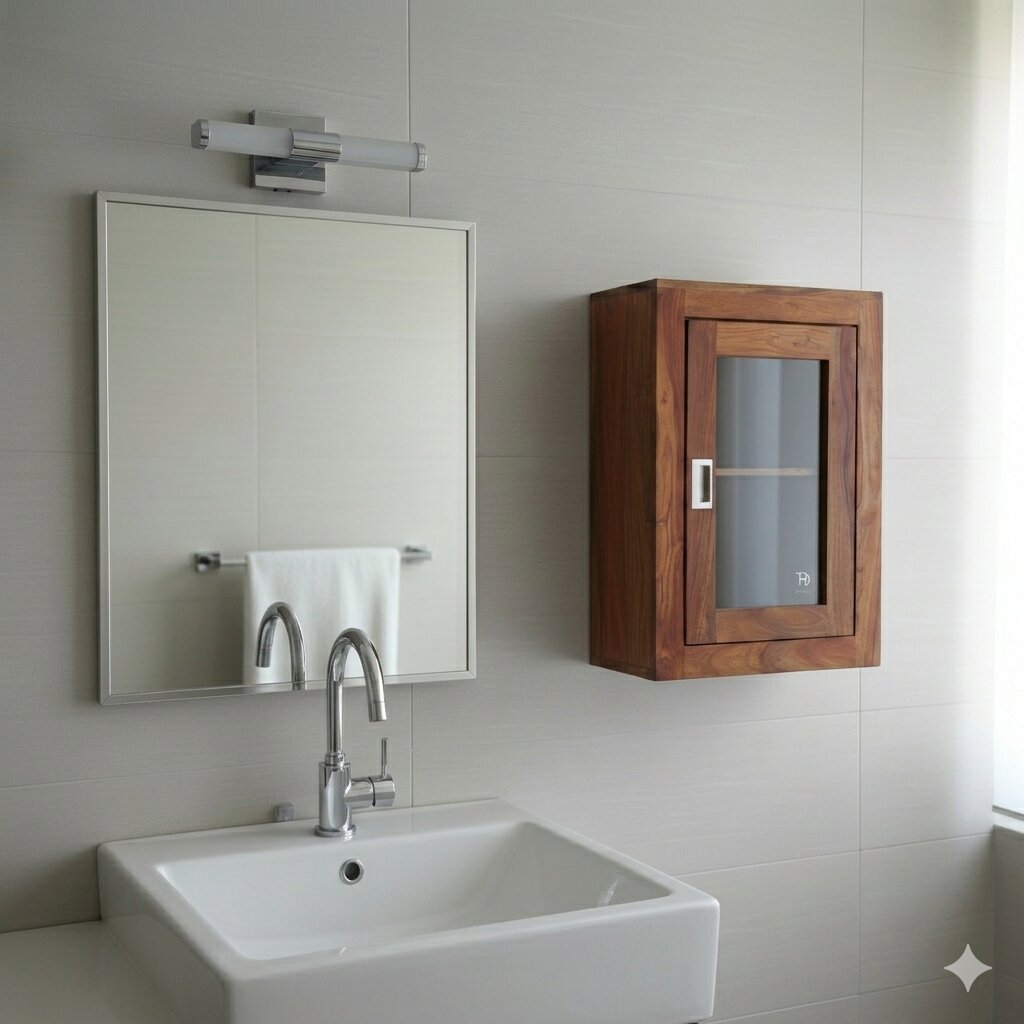 Solid Wood One Door bathroom wall rack cabinet. 