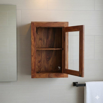 Solid sheesham Wood One Door bathroom wall rack cabinet.