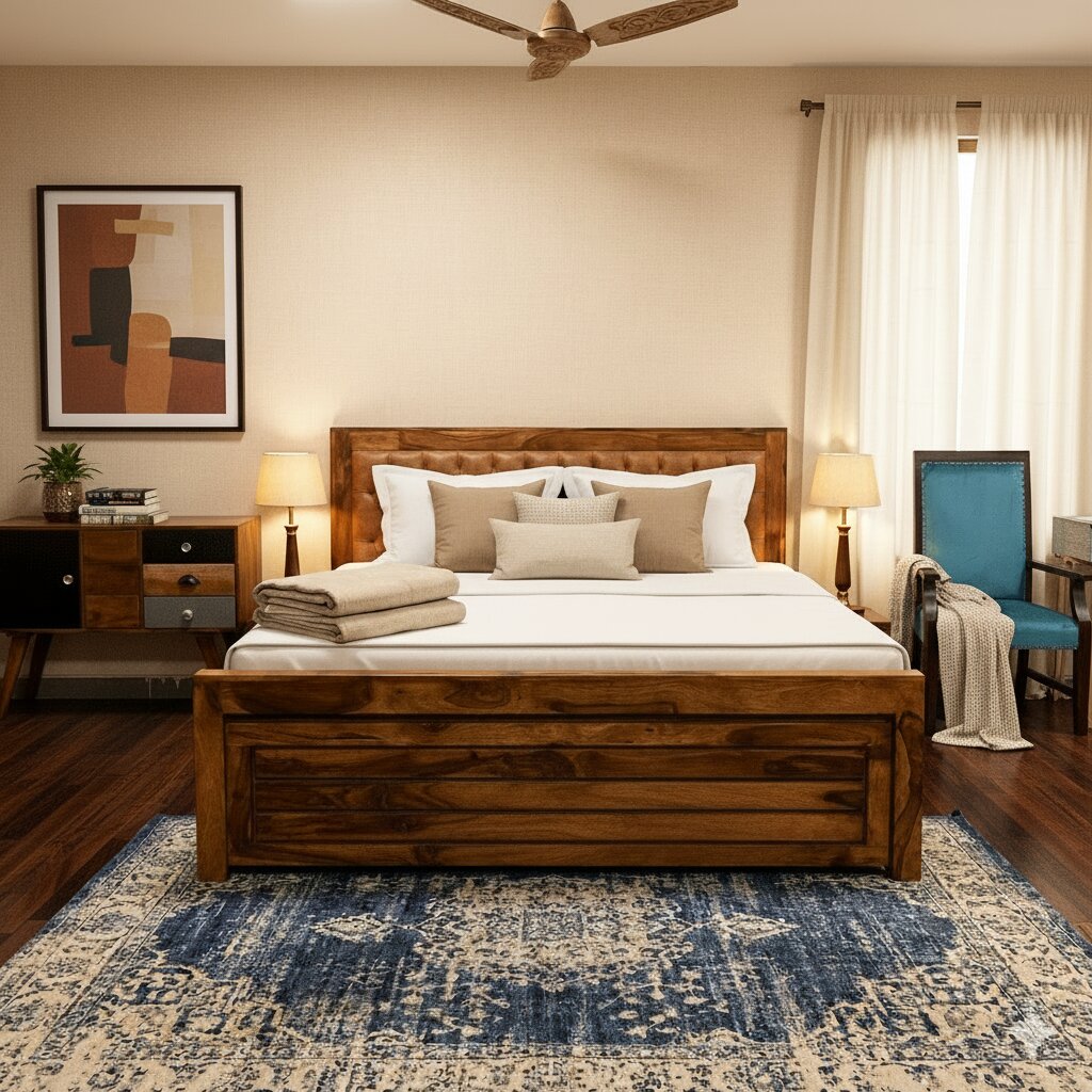 Sheesham Wood Chesterfield Bed with half box and half front drawer storage. 